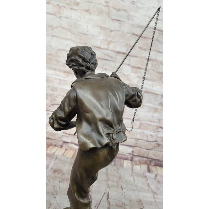 Bronze Sculpture Of A Boy Fishing By Rancoulet - Handmade Statue On Marble Base