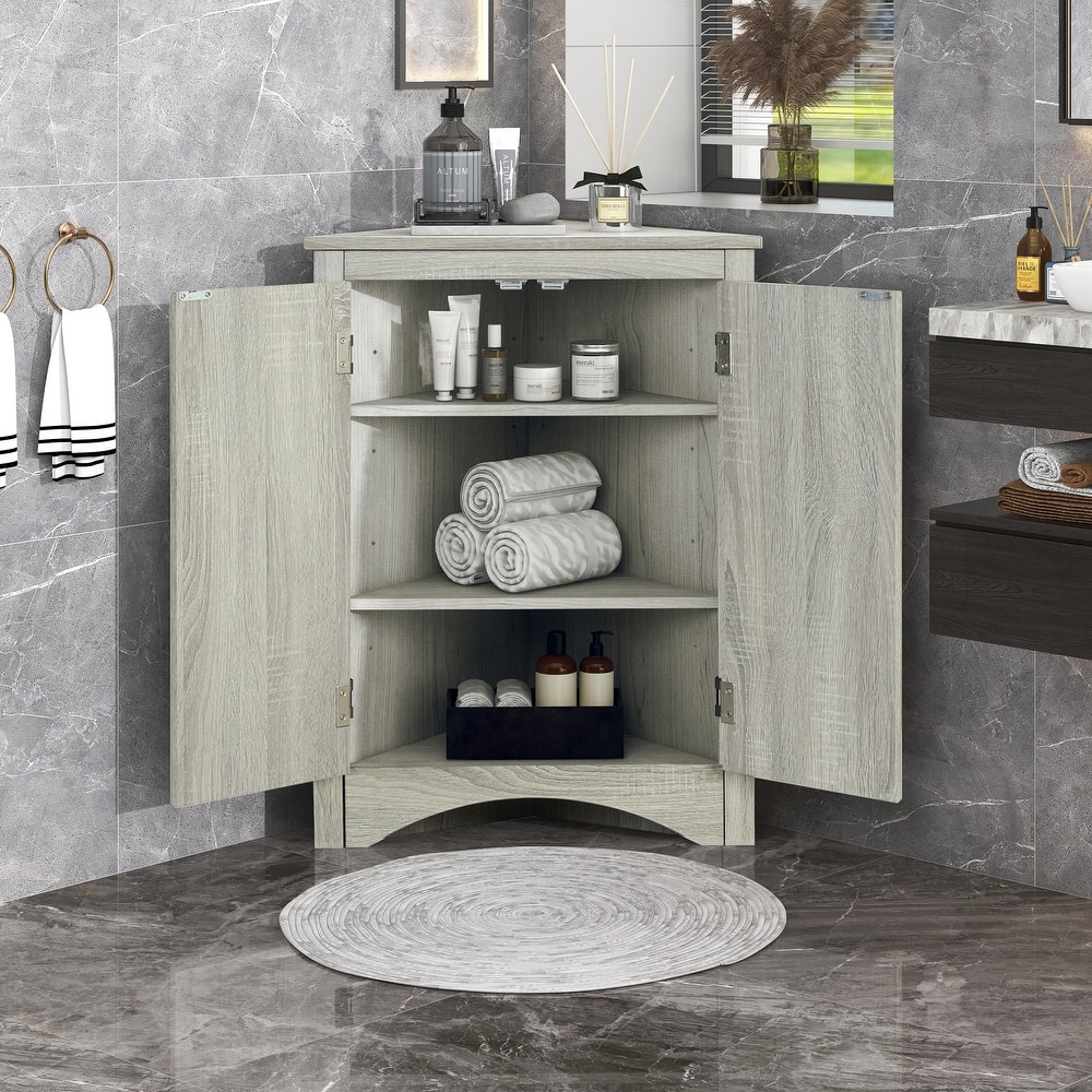 GDFStudio - Triangle Corner Storage Cabinet with Adjustable Shelves, Freestanding Floor Cabinet