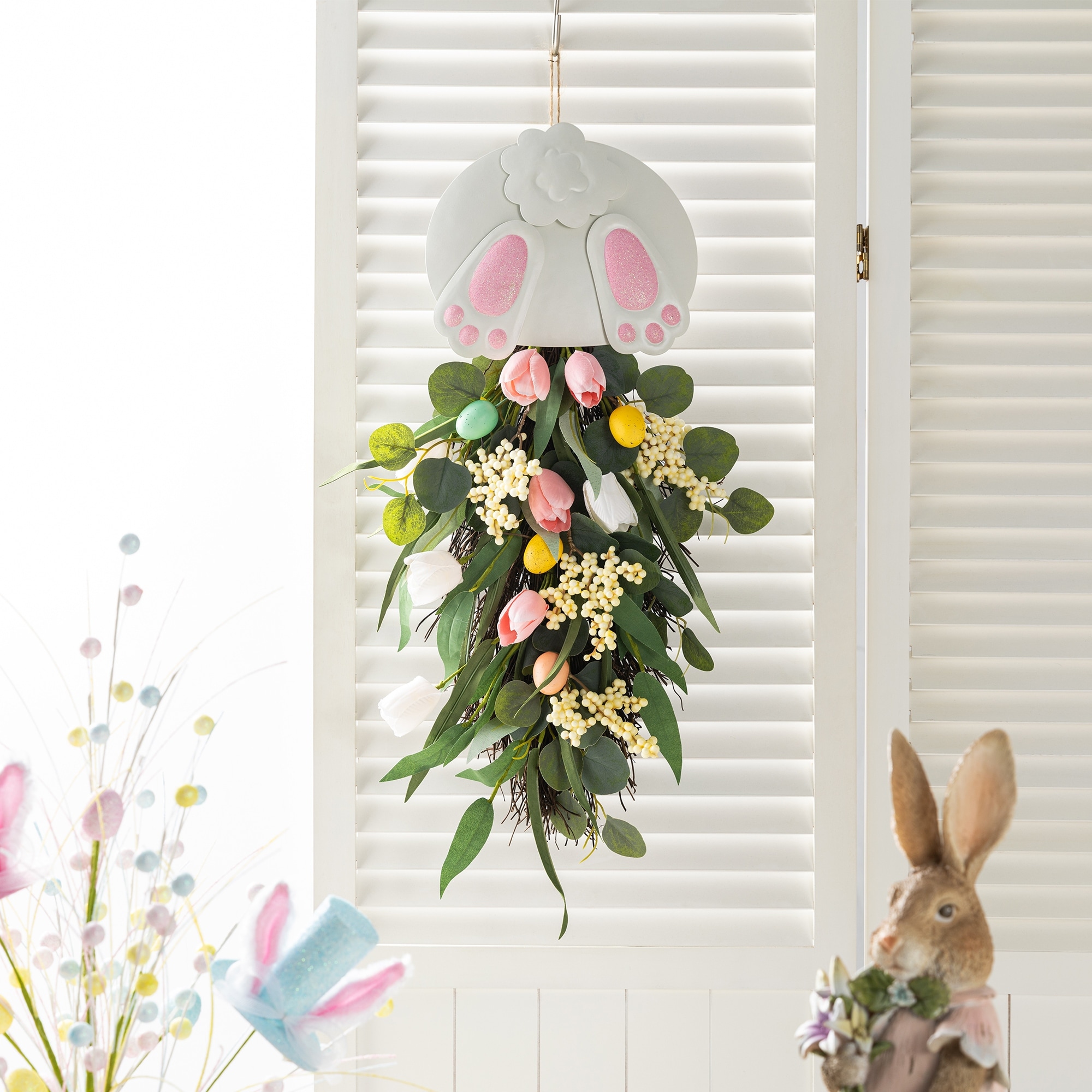 Glitzhome Easter Bunny Door Hanger with Eggs Tulip Teardrop Carrot Spring Wall Decor