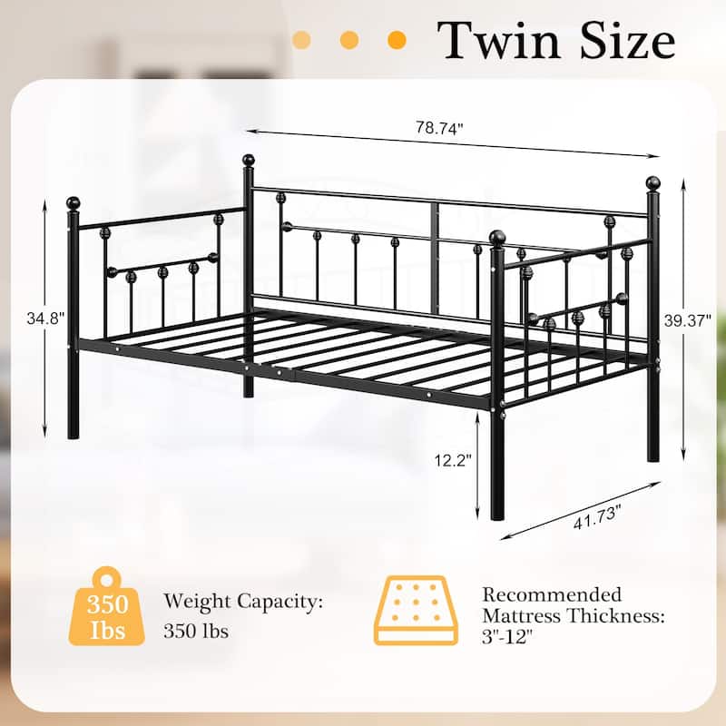 VECELO Roman Column Daybed 79" Iron Frame Space Saving Daybed Set with Rolling Trundle for Guest Teen Room Black or White