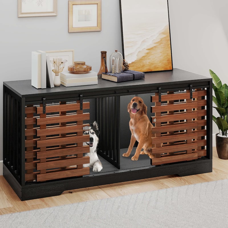 Moasis 71" Double Dog Crate Furniture for 2 Dogs with Sliding Fence Door,Heavy Duty Dual Dog Kennel TV Stand Large Dogs