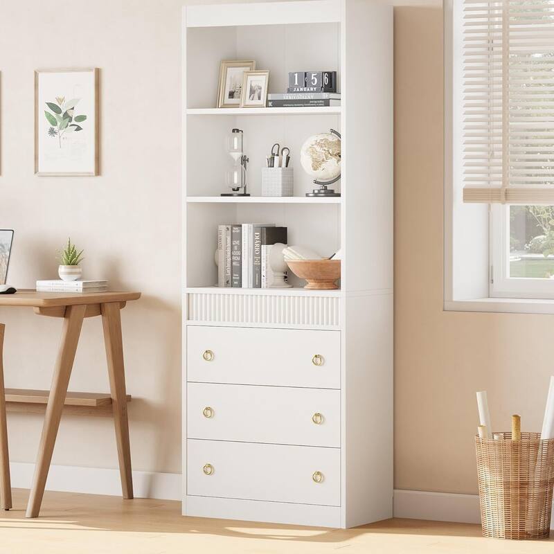 6 Tier Fluted Bookshelf Storage Drawers Bookcase for Living Room, Office, Bedroom - White