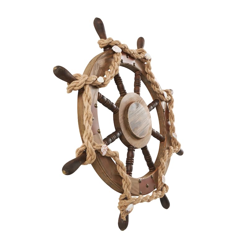 Wood Ship Wheel Handmade Wall Decor with Rope and Shell Accents - Brown - Roche River Decor