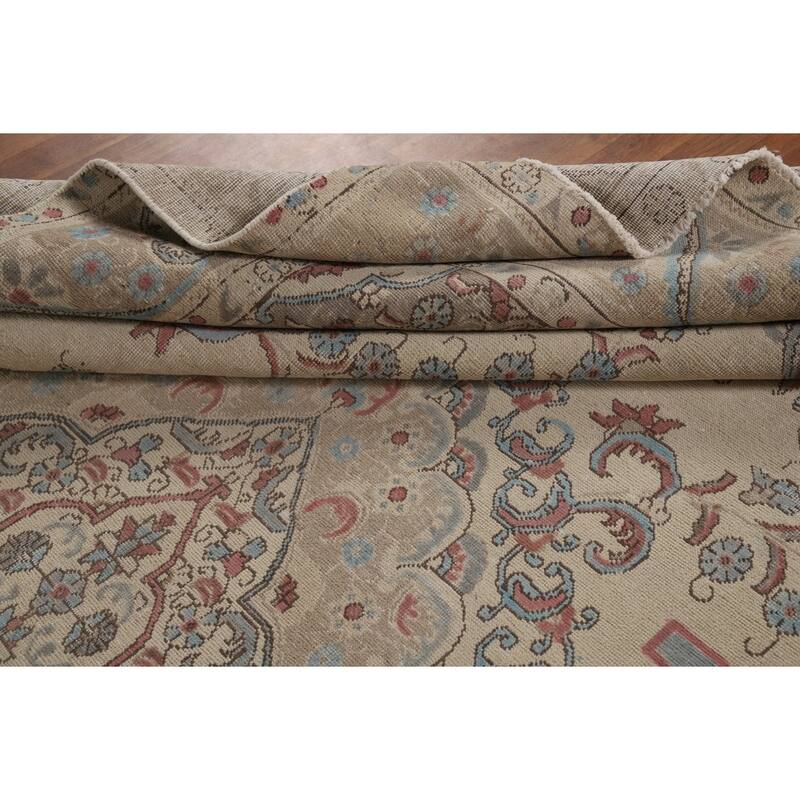 Medallion Tabriz Persian Rug Beige Hand-Knotted Wool Carpet - 9'6"x 13'3"