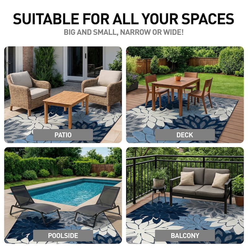 World Rug Gallery Indoor/Outdoor High-Low Textured Area Rug, Floral Easy-Clean Patio Rug