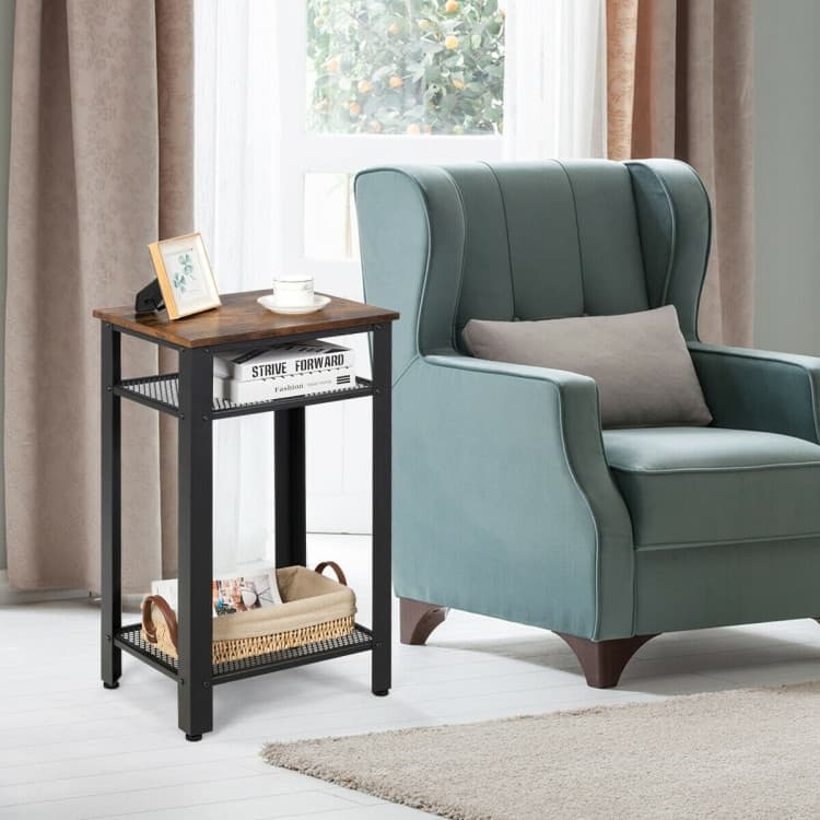 Industrial 3-Tier End Table with Metal Mesh Shelves and Adjustable Feet - 17.5" x 14" x 29.5"