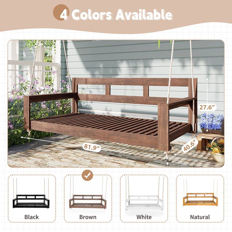 Twin Size Acacia Wood Porch Swing Daybed with Ropes, Outdoor Hanging Garden Bench Frame for Patio, Backyard or Porch