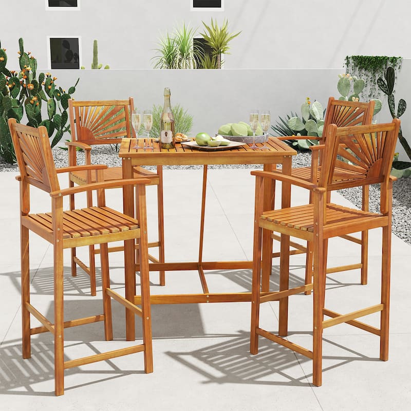 Gymax Set of 2 Outdoor Acacia Wood Bar Stools Bar Height Patio Chairs
