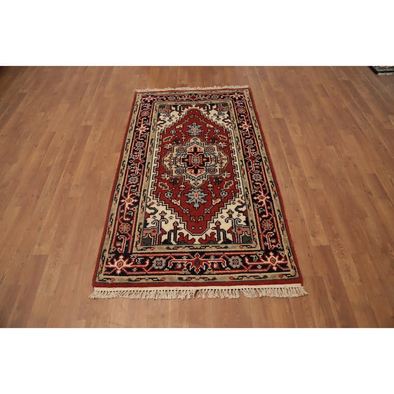 Hand Knotted Oriental 100% Wool Carpet Traditional Medallion Oranges & Rust Heriz (serapi) Area Rug - 5' 1'' X 3' 0''