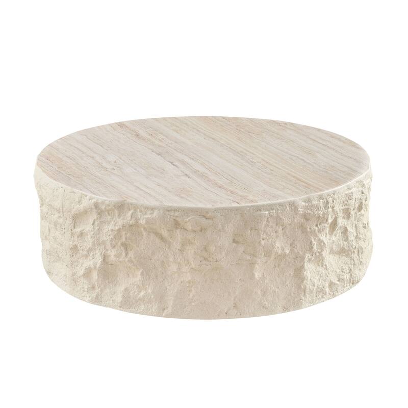 Fiberglass Round Center Table Sculptural Rock Surface Coffee Table, Scratch-resistant, Waterproof, No Assembly Needed