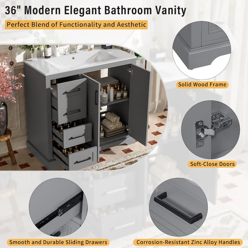 36" Modern Bathroom Vanity with Ceramic Sink, Soft-Close Door, Adjustable Shelf & 3 Drawers, Ample Storage.