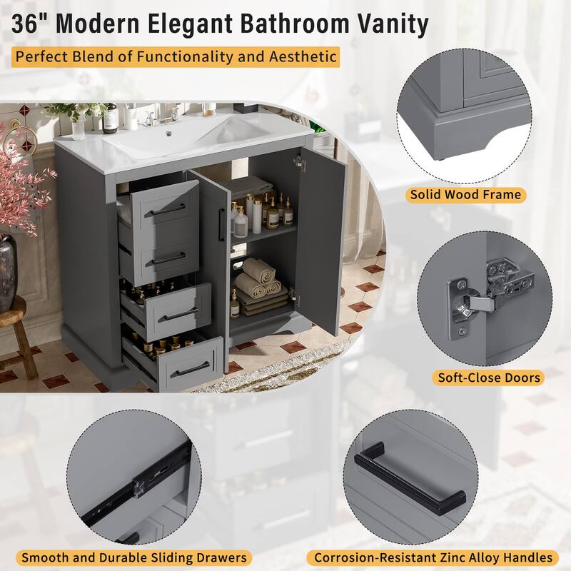 36" Modern Bathroom Vanity with Ceramic Sink, Soft-Close Door, Adjustable Shelf & 3 Drawers, Ample Storage