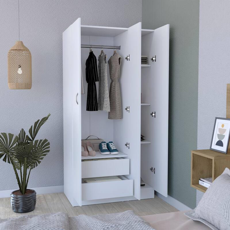 35.4" Modern Three-door Armoire with 2 Drawers and 4-Tier Shelves for Bedroom