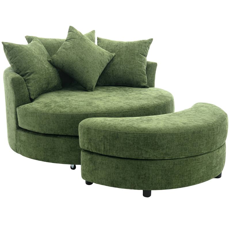 Roomfitters Modern 360° Swivel Barrel Chair with Hidden Storage Ottoman, Chenille Upholstery and Four Pillows