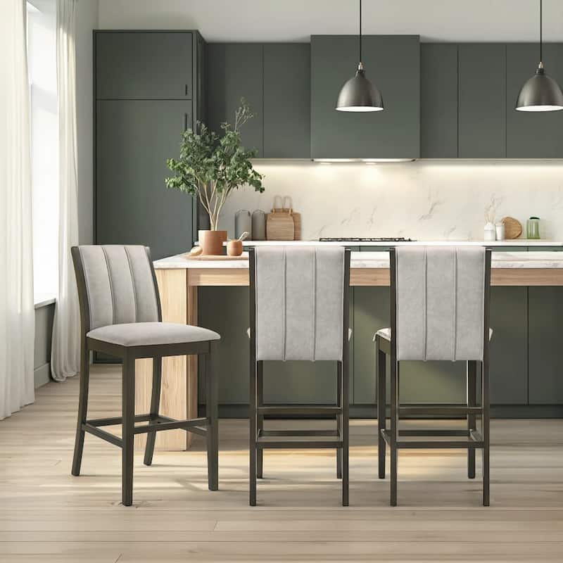 Nolan Bar Stool, Upholstered Counter Stool with Wood Frame - Set of 3 - Gray/Dark Roast - Counter Height