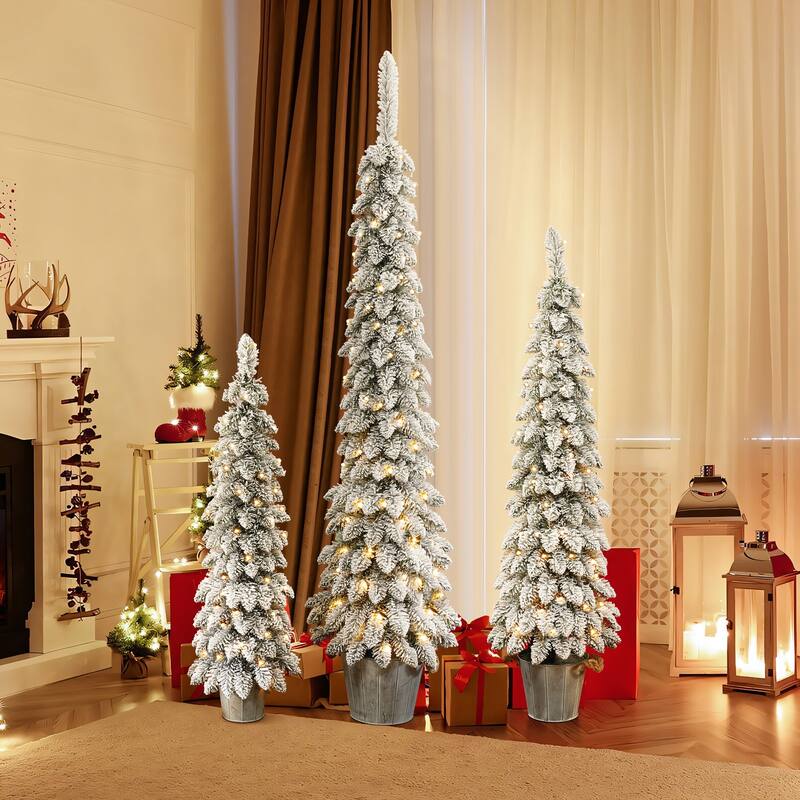 3-Piece Snow-Flocked Slim Artificial Tree Set with Battery Operated Lights