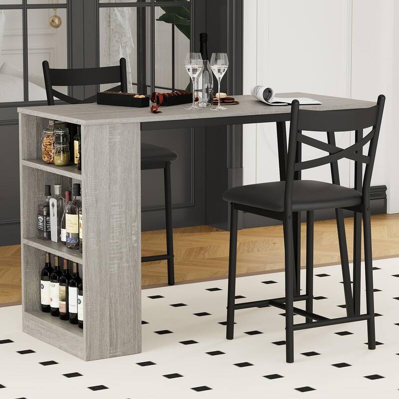 3-Piece 36in Wooden Counter Height Dining Table Set for Kitchen, Bar Table and Chairs