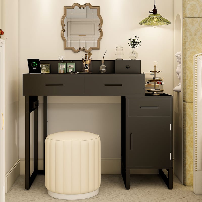 Reversible Makeup Vanity Desk With Charging Station and 4 Wooden Drawers and 1 Cabinet