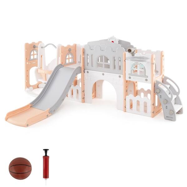 slide 2 of 9, Gymax 10 in 1 Toddler Swing & Slide Set w/Basketball Hoop Telescope Gray, Pink - Kids