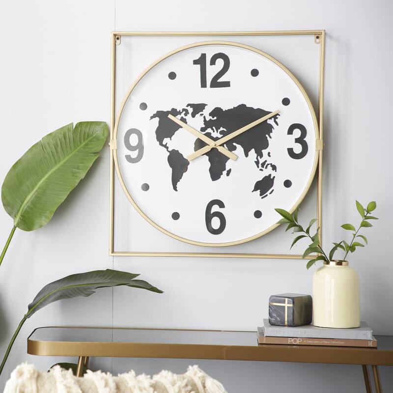 Metal World Map Wall Clock - Gold - Roche River Decor