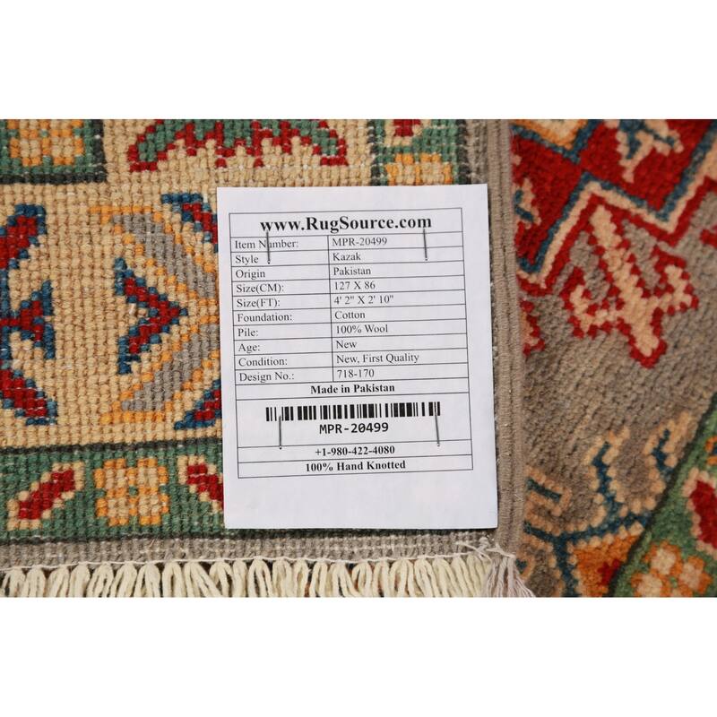 Geometric Kazak Accent Rug Handmade Wool Carpet - 2'10"x 4'2"