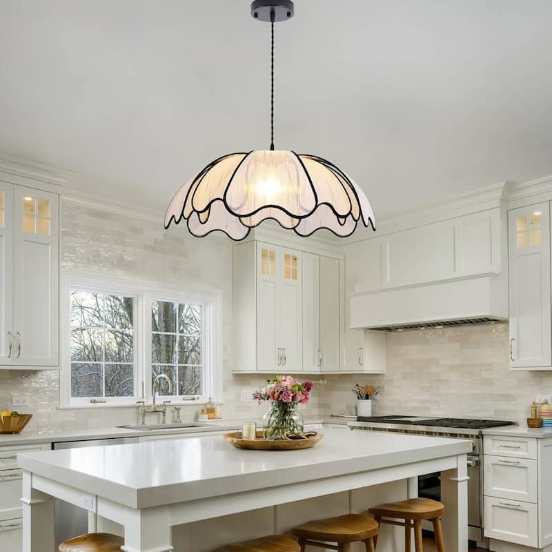 24 inch chandelier light black/white hanging light metal + plant silk pendant light