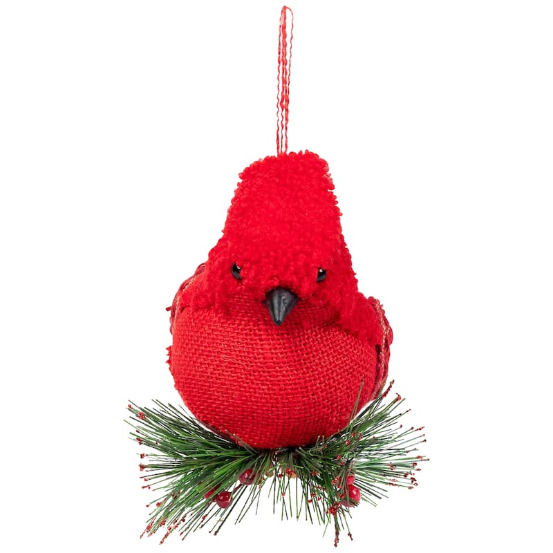 6.5" Red Burlap Cardinal with Pine Needles Berries Christmas Ornament