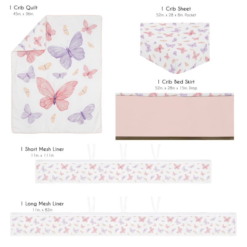 Sweet Jojo Designs Pink/Purple Shabby Chic Butterfly Girl 5pc Crib Bedding + BreathableBaby Breathable Mesh Liner - Crib Size