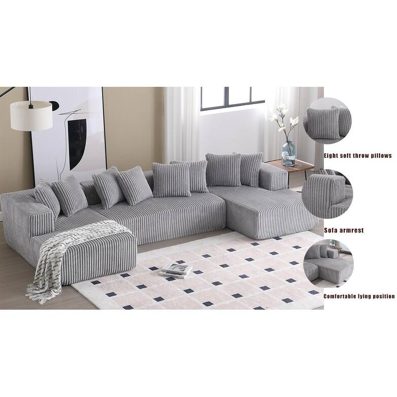 131'' Modular U-shaped Striped Corduroy 4 Seater Sofa, Gray