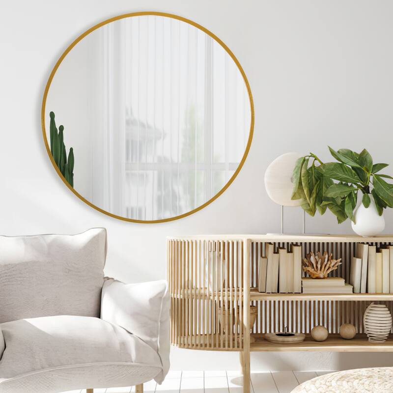 Wall Round Mirror 30'' Modern Brushed Metal Frame Wall-Mounted - 28" - Gold