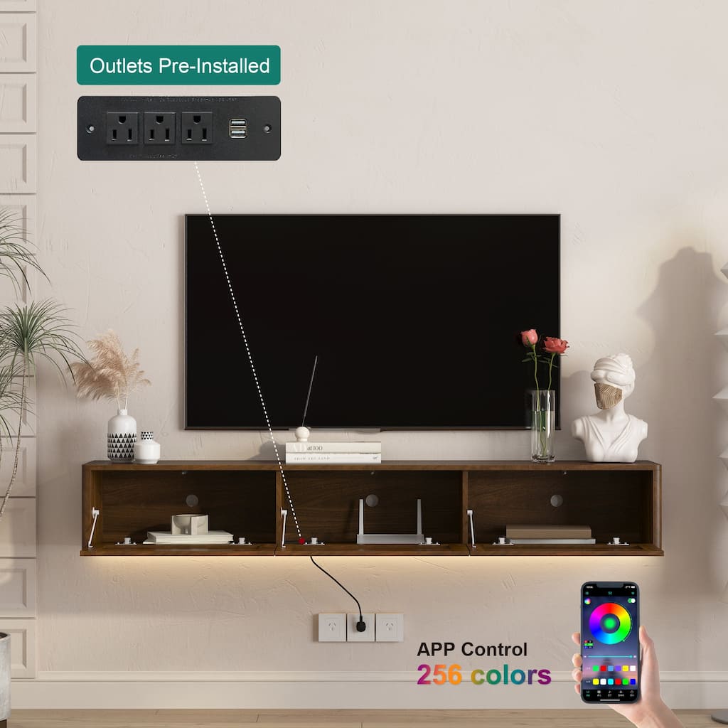 Floating LED TV Stand for Living Room, Wall Mounted TV Console Table with Power Outlet