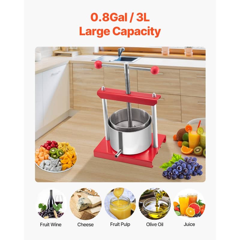 0.8-Gallon Manual Press Stainless Steel Fruit Press for Wine Making and Juice Extraction - 260x205x355 mm