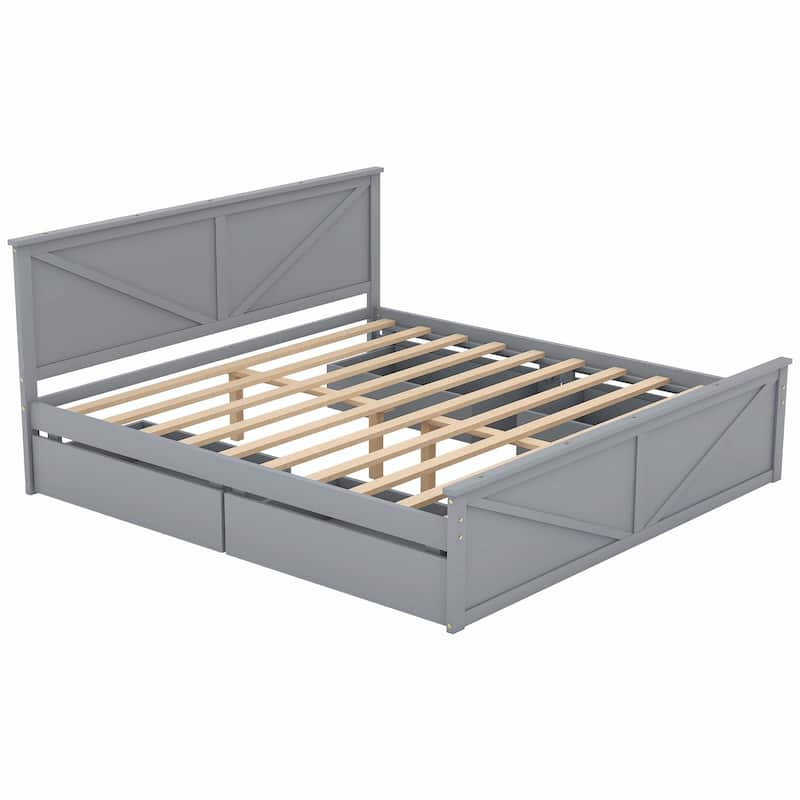 Wooden Platform Bed with Four Storage Drawers and Support Legs
