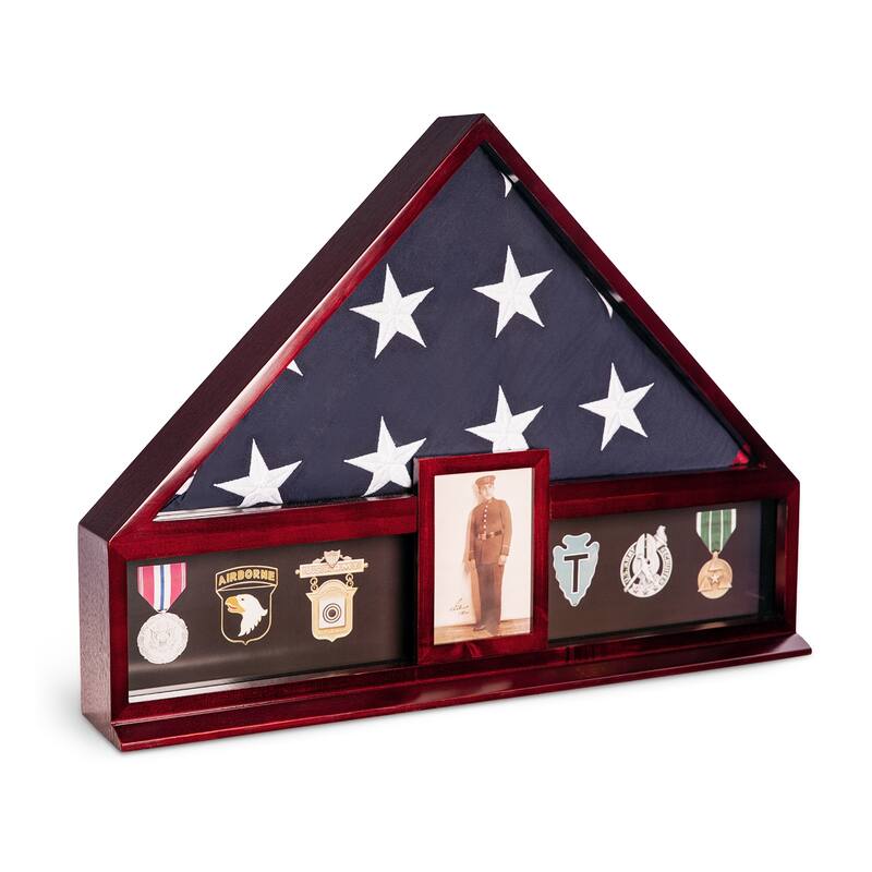 Handcrafted Military Flag and Medal Display Wood Case - Large