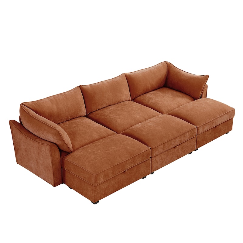 Modular Upholstered Sofa with 3 Ottomans and Storage Drawers, Deep Seat Chenille Sleeper Couch for Living Room, Home Theater