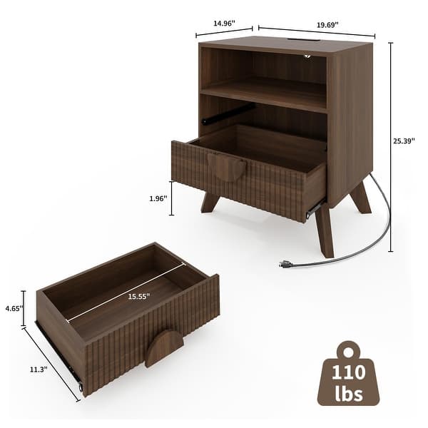 dimension image slide 0 of 3, Fluted Nightstand with Charging Station, Modern 19.6in Wide End Table Wood Bedside Table with 2 Drawers for Bedroom