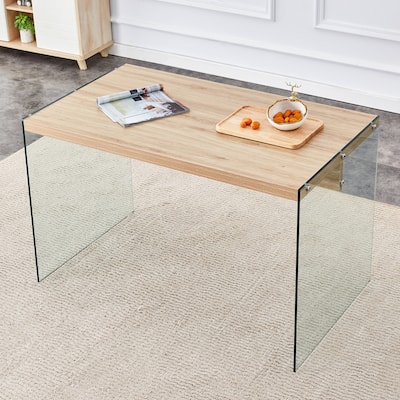 Roomfitters Modern Coffee Table with MDF Top and Dual Tempered Glass Panels for Elegant and Sturdy Living Room Use, Wood