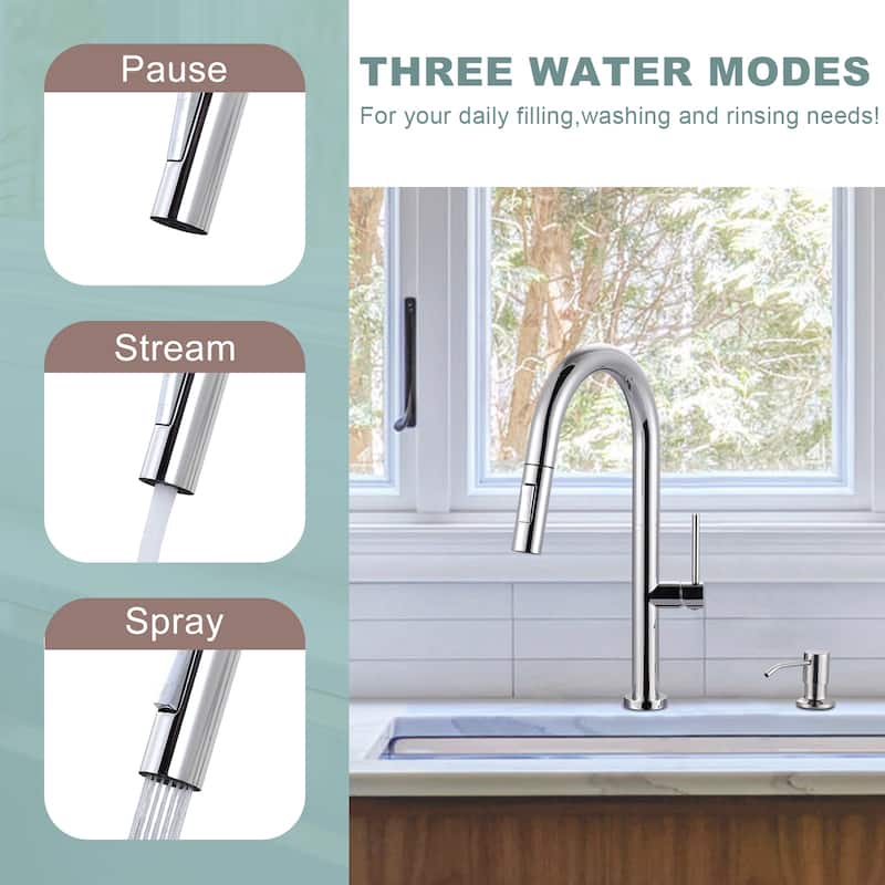 WOWOW Single Handle Pull Down Kitchen Faucet with Soap Dispenser
