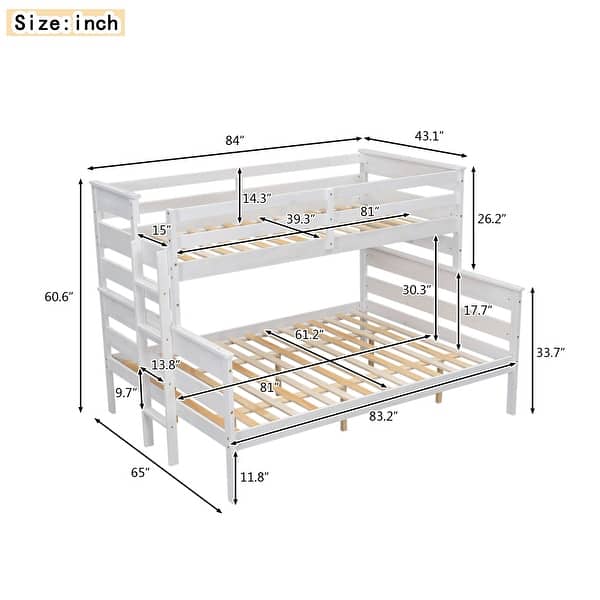 Wood Twin XL over Queen Bunk Bed with Ladder, Detachable Design, Guard Rails, White