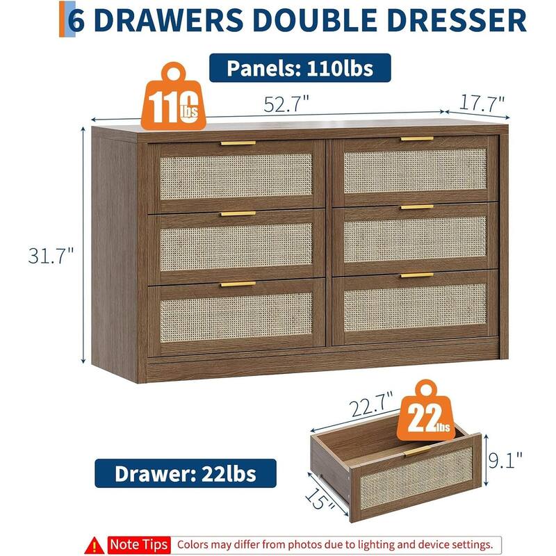 53" Rattan 6-Drawer Boho Dresser TV Stand for Bedroom, Living Room