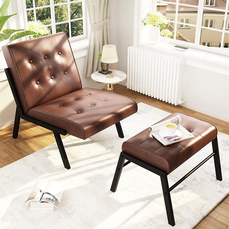 Mid Century Modern Accent Chair with Ottoman Comfy PU Leather