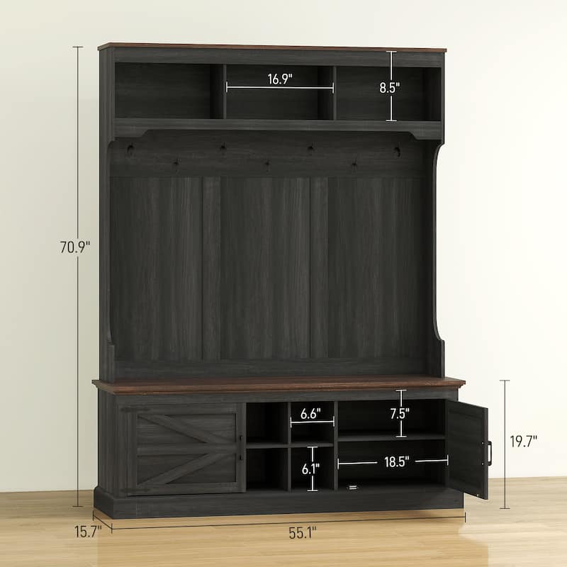 3-in-1 Farmhouse Hall Tree with Bench, Coat Hooks & Shoe Storage