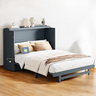 Full/Queen Size Murphy Bed Cabinet with USB Charging Ports, Power Outlets and Large Storage Drawer