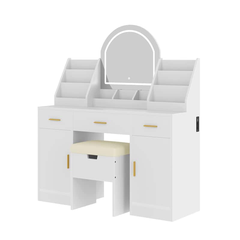 Vanity Desk with LED Lighted Mirror & Storage Stool, Makeup Vanity Set with 2 Organizers, 3 Drawers & 2 Cabinets