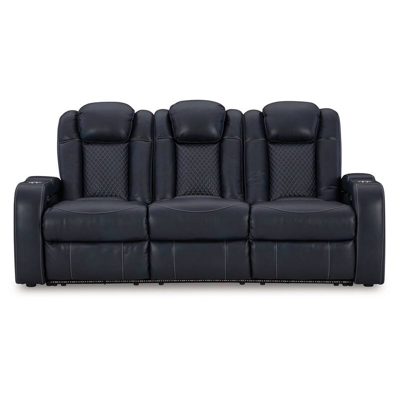 Fynne Power Reclining Sofa, LEDs, Sapphire Blue Faux Leather 85 Inch