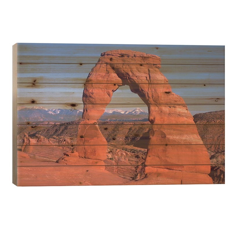 Delicate Arch And La Sal Mountains, Arches National Park, Utah I Print On Wood by Tim Fitzharris - Multi-Color - 18x26x1.5