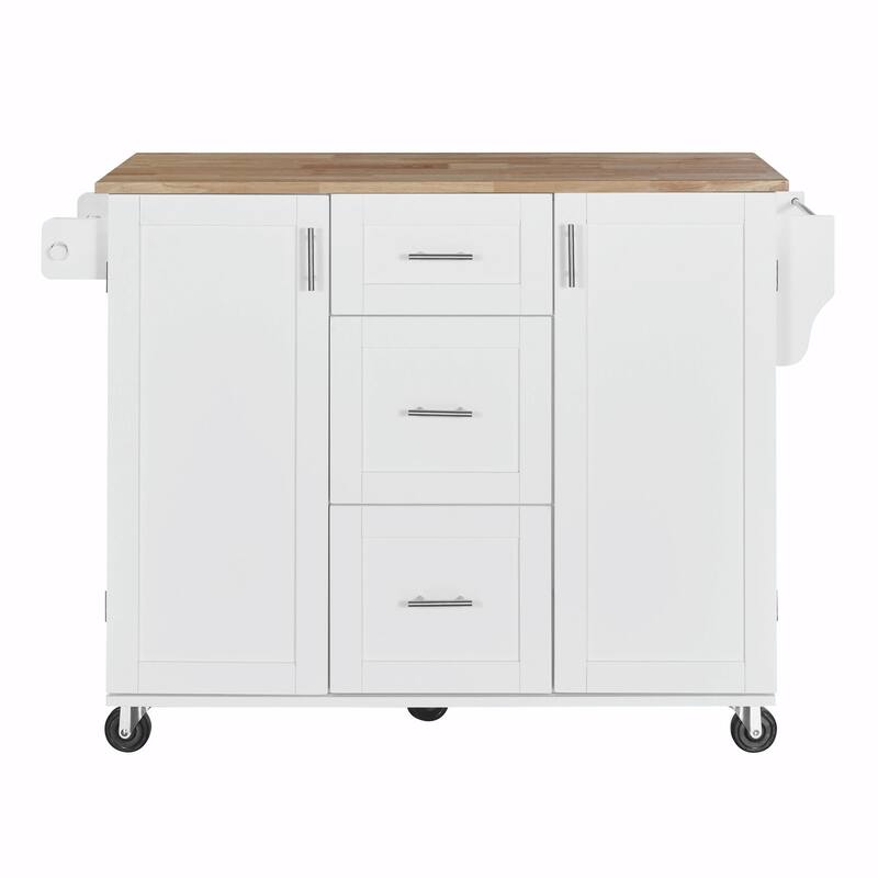 Rolling Kitchen Island with Rubber Wood Top, Drawers, Shelves, Internal Storage, Wheels, Spice & Towel Racks