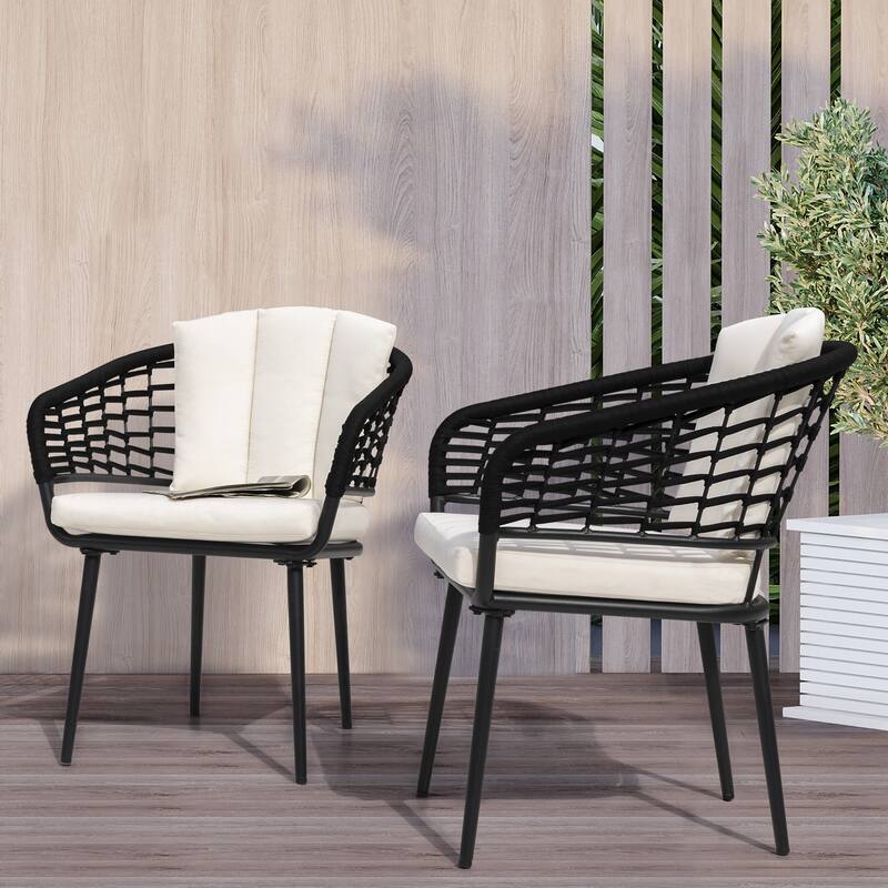 Outdoor Patio Woven Rope Aluminum Chairs with 1.97" Thick Cushions, Beige