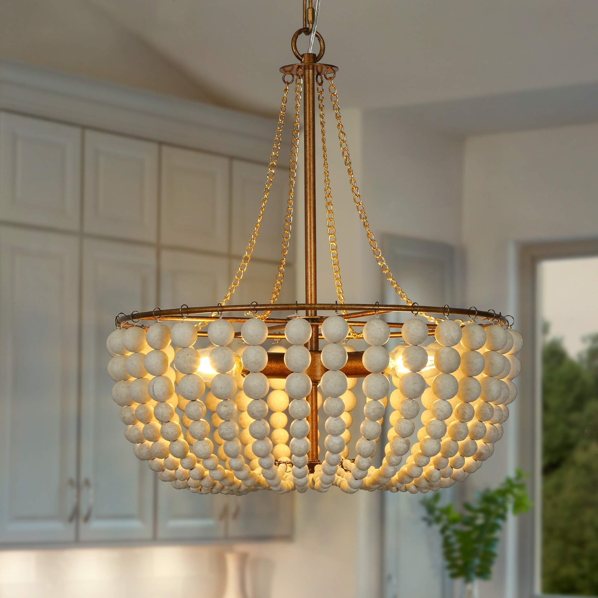 Renia Mid-century Modern 3-Light Vintage Brass Drum Wood Beaded Chandelier Boho Chic Entryway Pendant - 16"D x 18.5"H