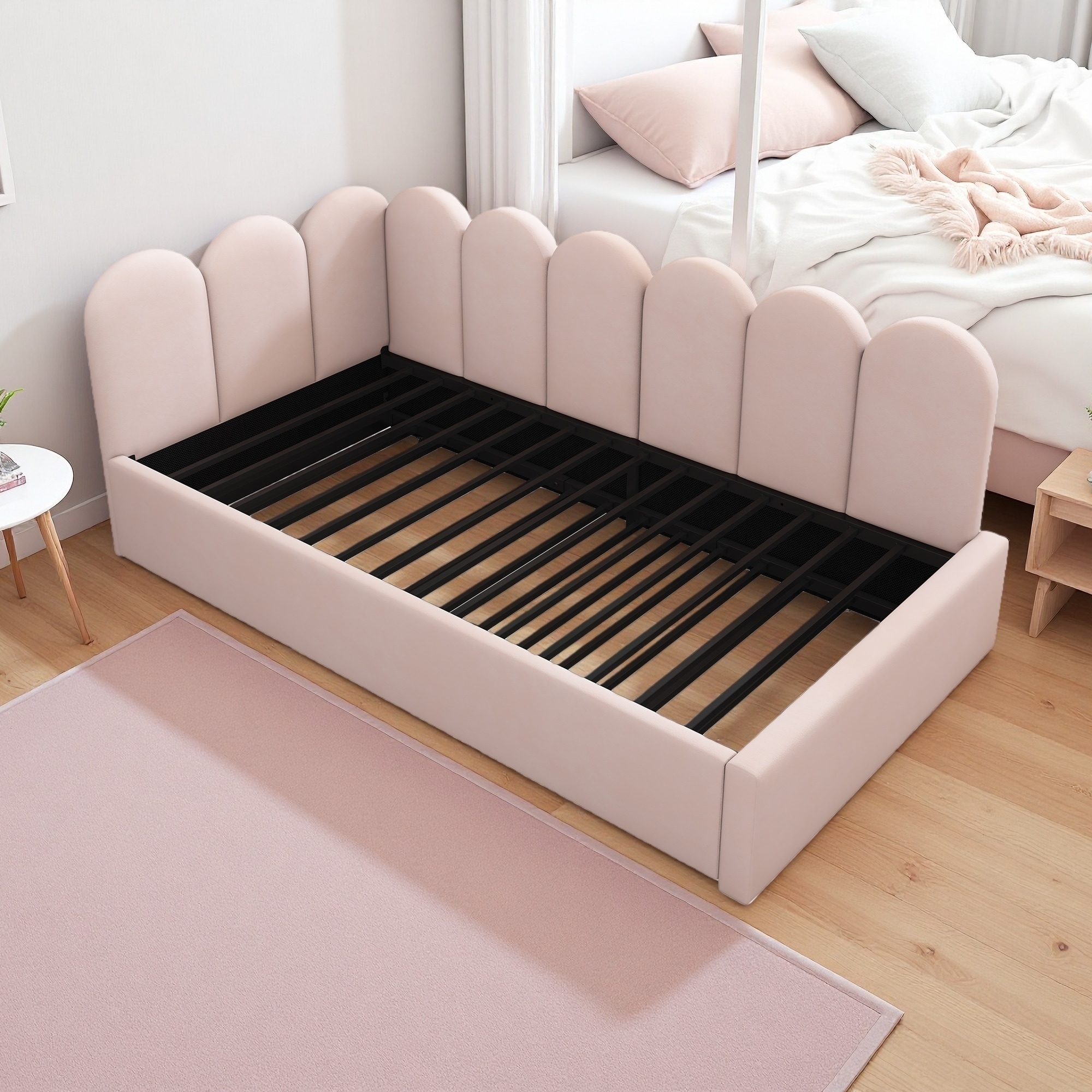 Twin Velvet Upholstered Daybed with Pull-Out Bed & Metal Frame